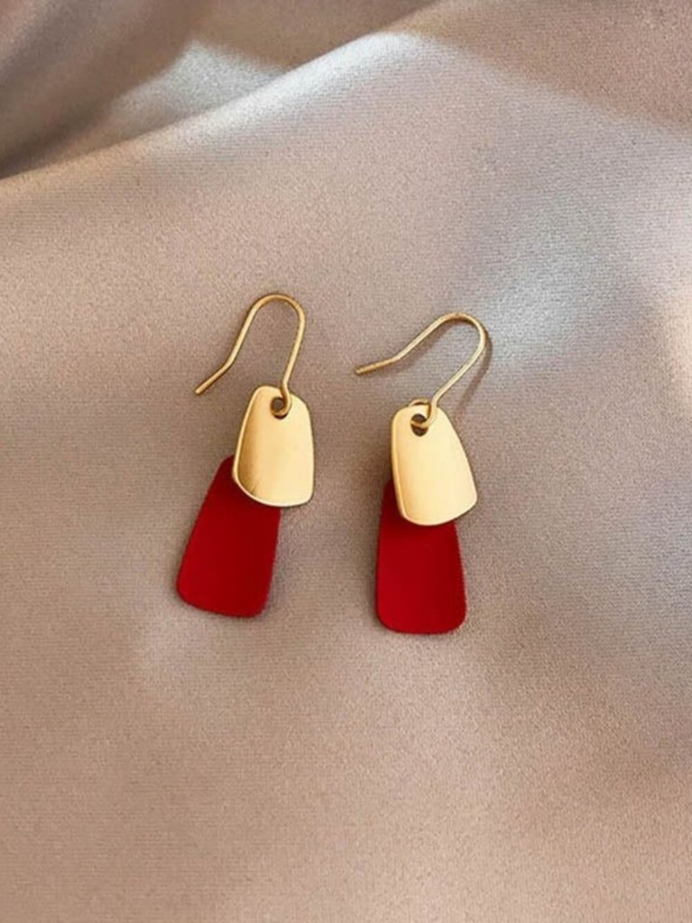 Emmie Jaise Red and Gold Double Layer Petal Dangle Hook Earrings Gift Packaged